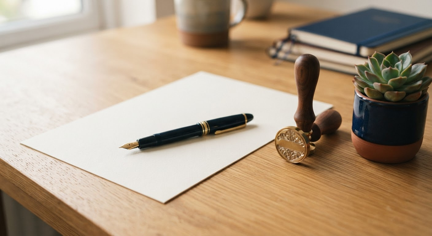 Fountain pen and brass seal stamp on a tidy desk